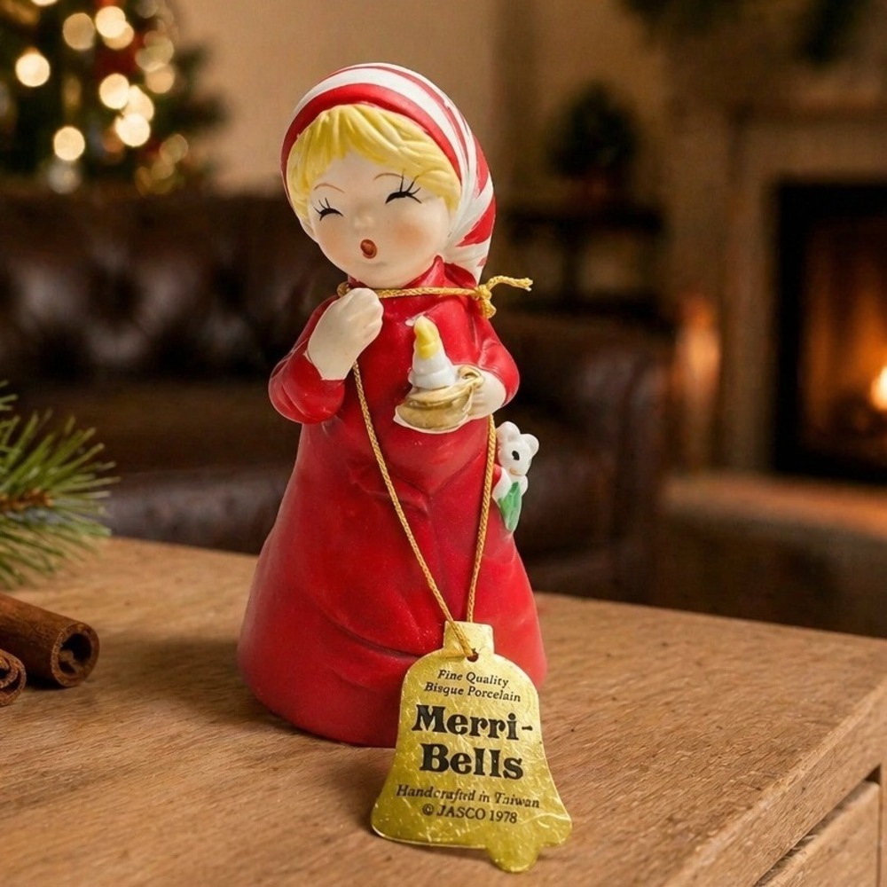 Jasco Merri-Bells Figurine Bell Vintage 4" Red White 1978 Bisque Porcelain Girl